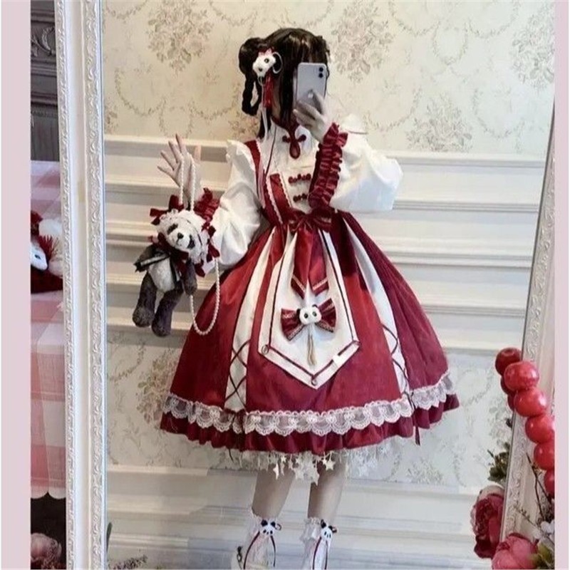 300斤女洛丽塔红旗袍Lolita单件连衣裙搭配蝴蝶结op厨娘新年款