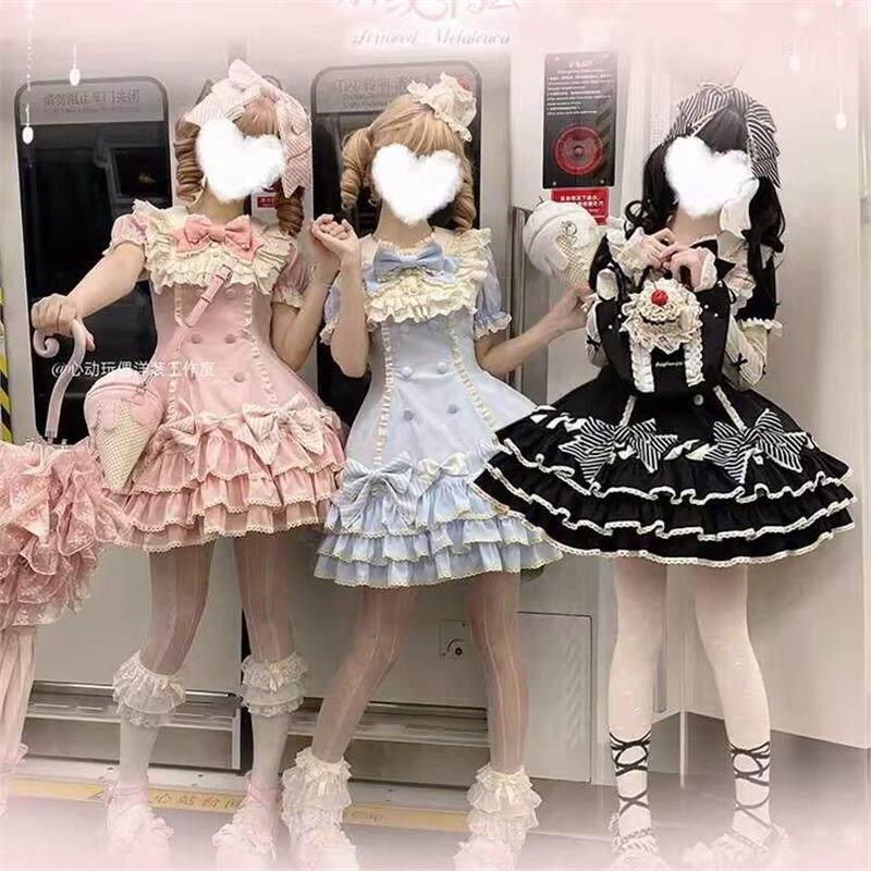 条纹千层Lolita洛丽塔蛋糕裙可爱甜美公主短袖op春秋夏古早doll感