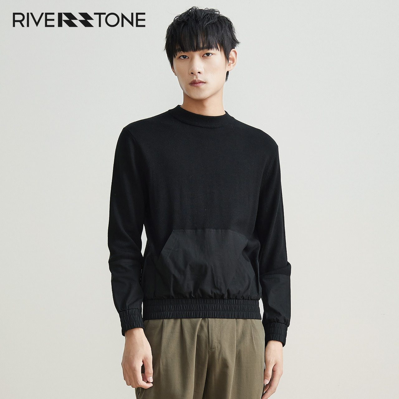 流石男装撞布拼接设计感长袖毛衣2025年新款秋季套头打底针织衫男