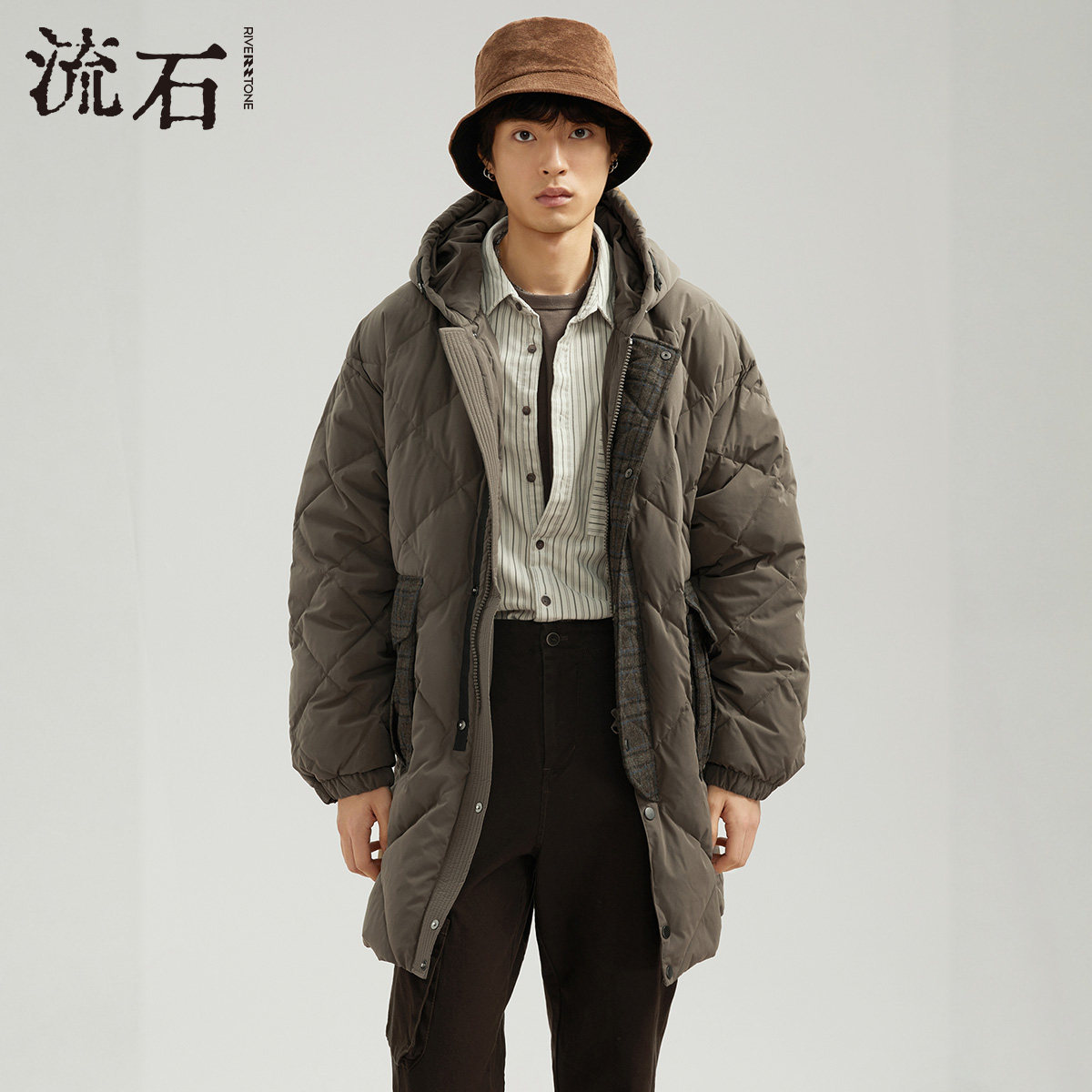 流石男装冬装中长款羽绒服男士白鸭绒冬季新款保暖外套连帽加厚款