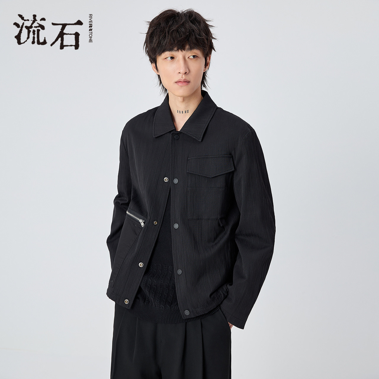 流石男装时尚黑色百搭梭织外套2026年新款春秋男士设计感宽松夹克