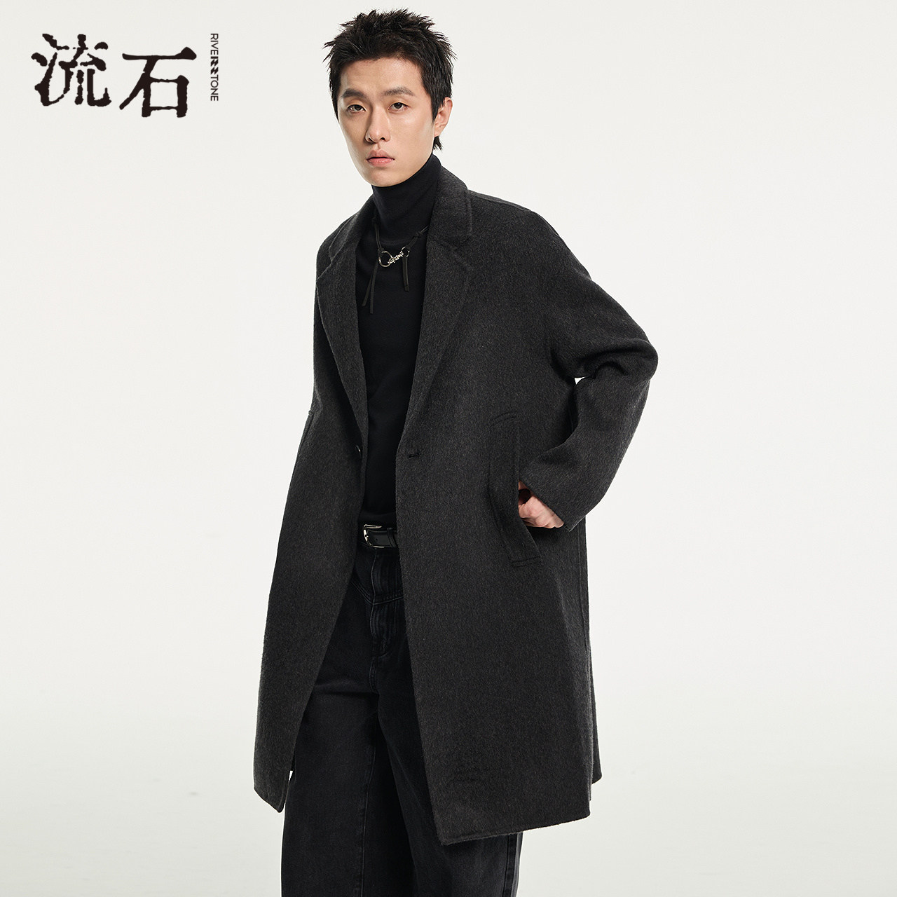 流石男时尚中长款羊毛双面呢大衣2026年春季新款男士宽松呢子外套