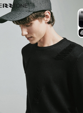 Riverstone流石男装秋季新款宽松黑色针织衫纯色破洞圆领毛衣男潮