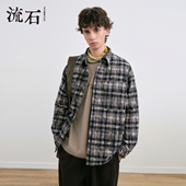 式 男生学院风衬衫 外套潮 复古格子设计感羽绒服2026年春季 流石男装