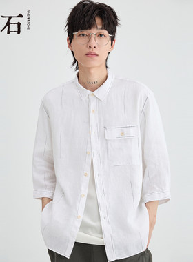 流石男装夏装高端亚麻白色半袖衬衫2026新款夏季男士时尚百搭衬衣