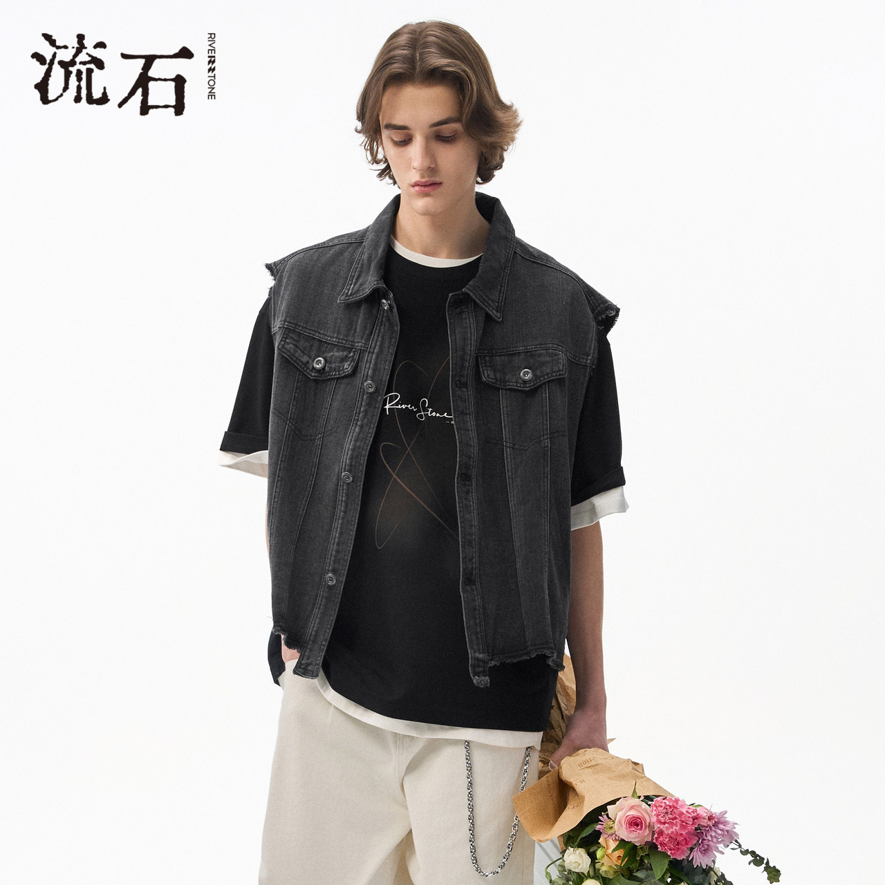 流石男装重水洗牛仔马夹2026年春季新款男款复古街头透气无袖背心