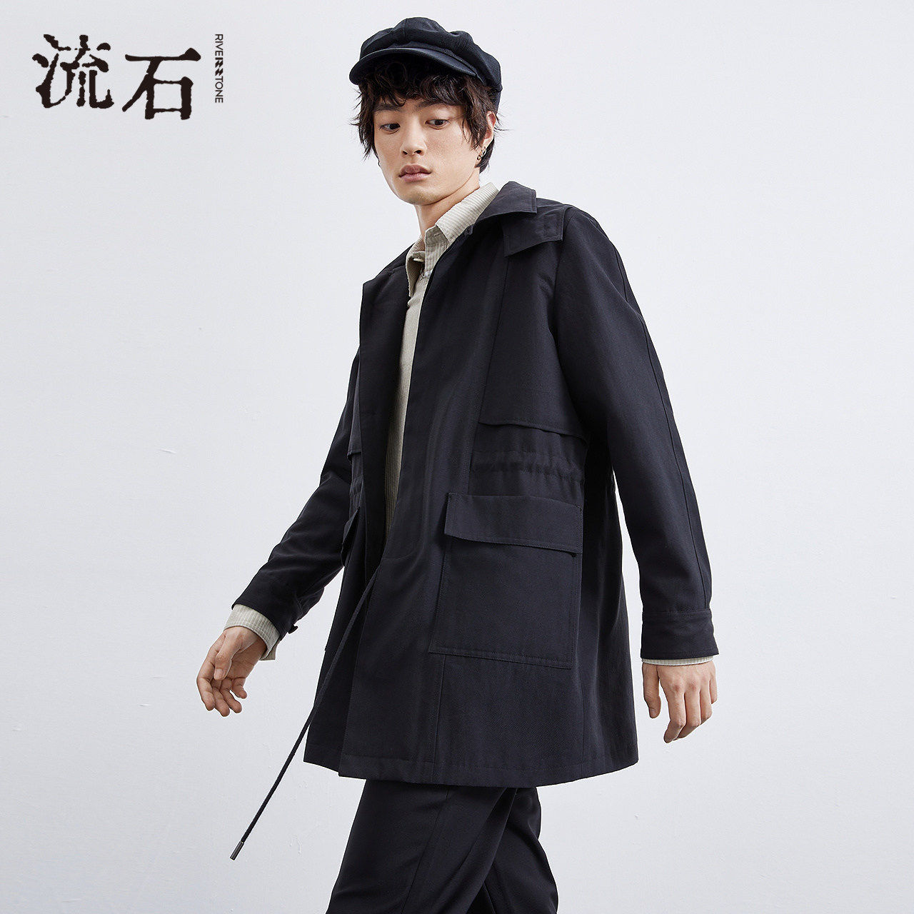 流石男装黑色中长款风衣2026年新款春季男士宽松休闲连帽外套潮