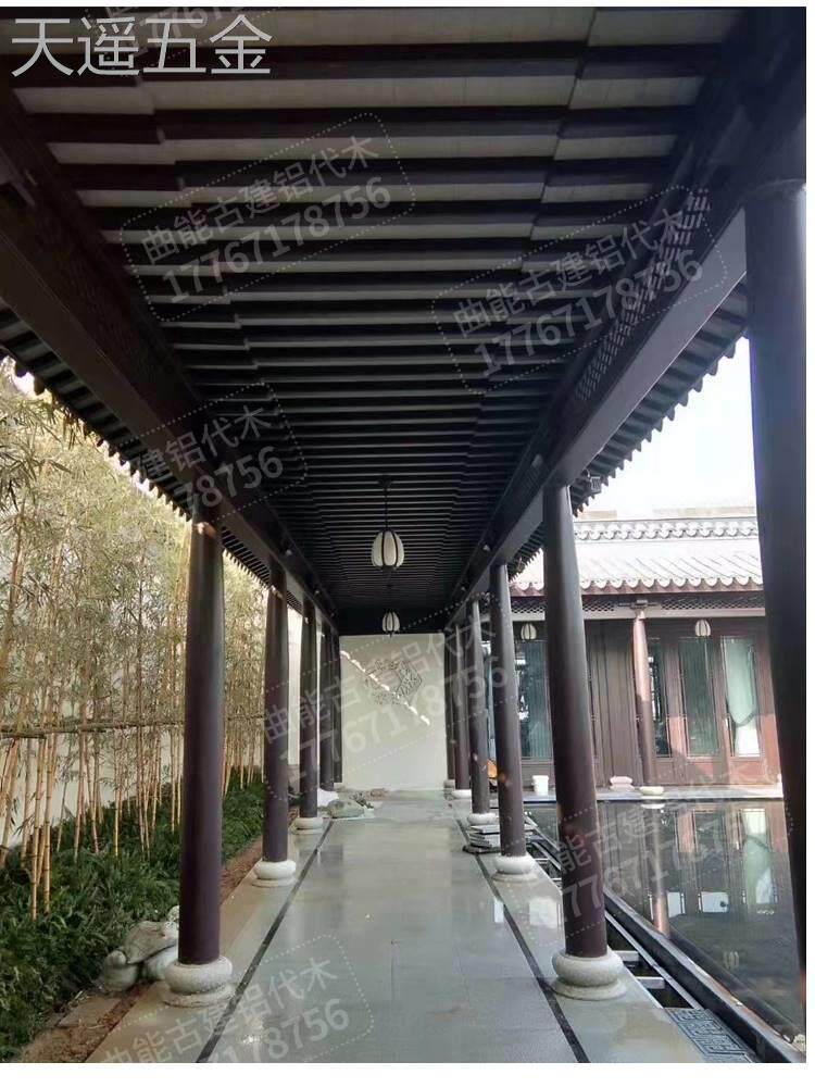 中式铝代木古建六角凉亭美人靠铝合金栏杆连廊荷包椽合院金属构件