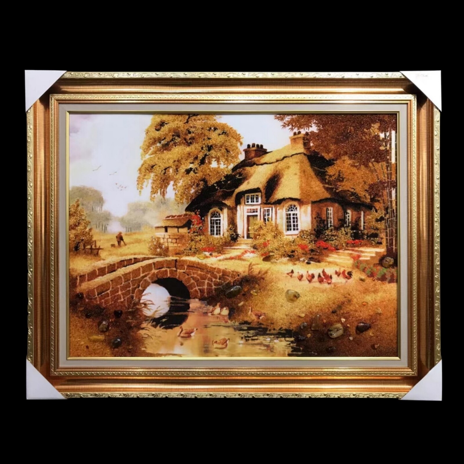 天然琥珀蜜蜡宝石画小桥流水人家 室内工艺画装饰画挂画