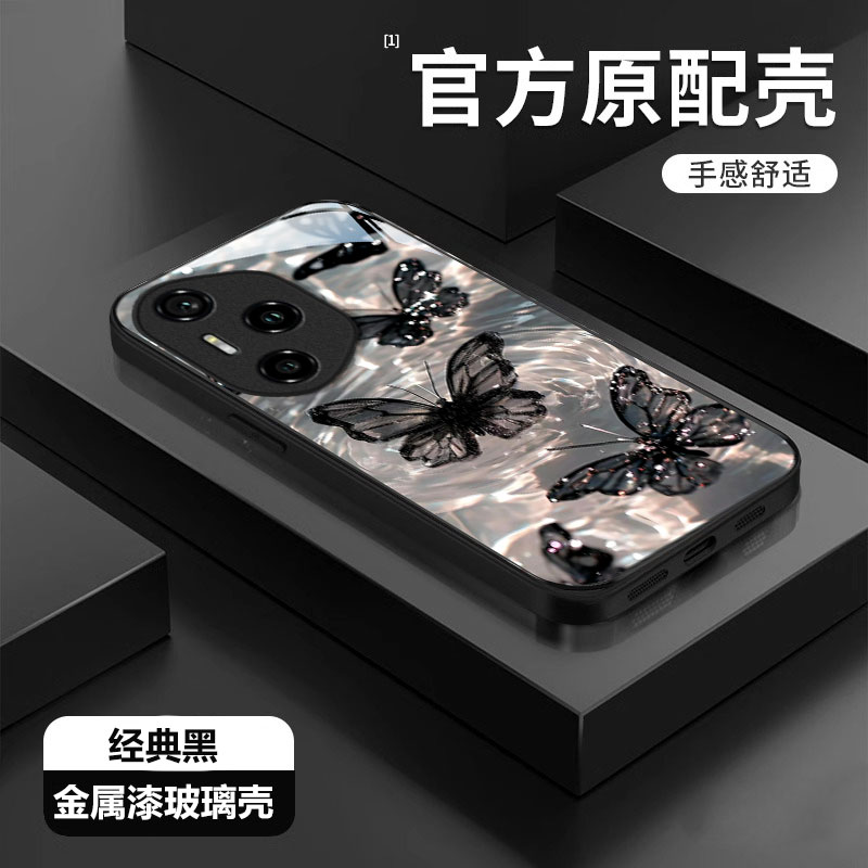 适用荣耀300Pro手机壳200新款100唯美90GT时尚80pro直屏版玻璃70Pro+轻奢60se黑色蝴蝶50女款30s创意9x防摔8x
