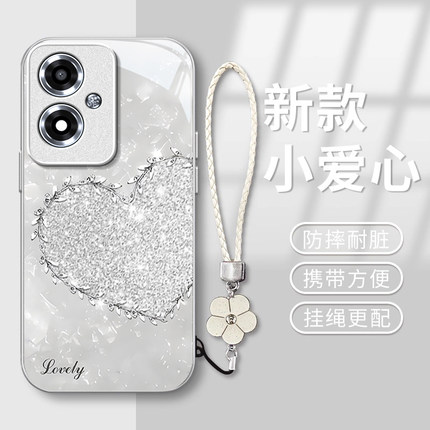 适用OPPOA1i手机壳新款奢华高颜值女款钻石爱心PJU110钢化玻璃保护套全包防摔外壳带挂绳