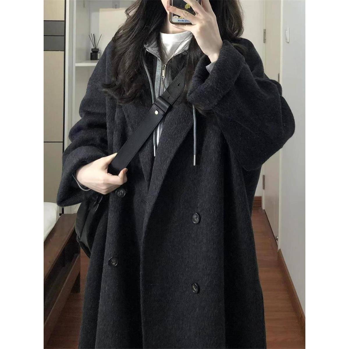 黑灰色高级感双面羊绒大衣女2025秋冬季新款韩系中长款羊毛呢外套