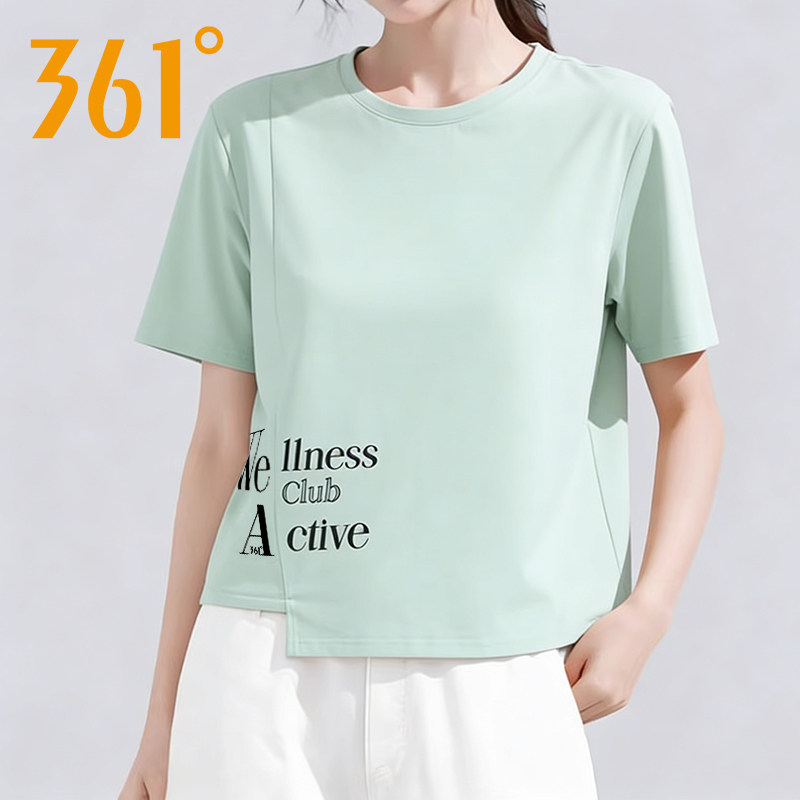 361度运动T恤女2026年夏季新款时尚百搭不规则短款圆领休闲短袖女