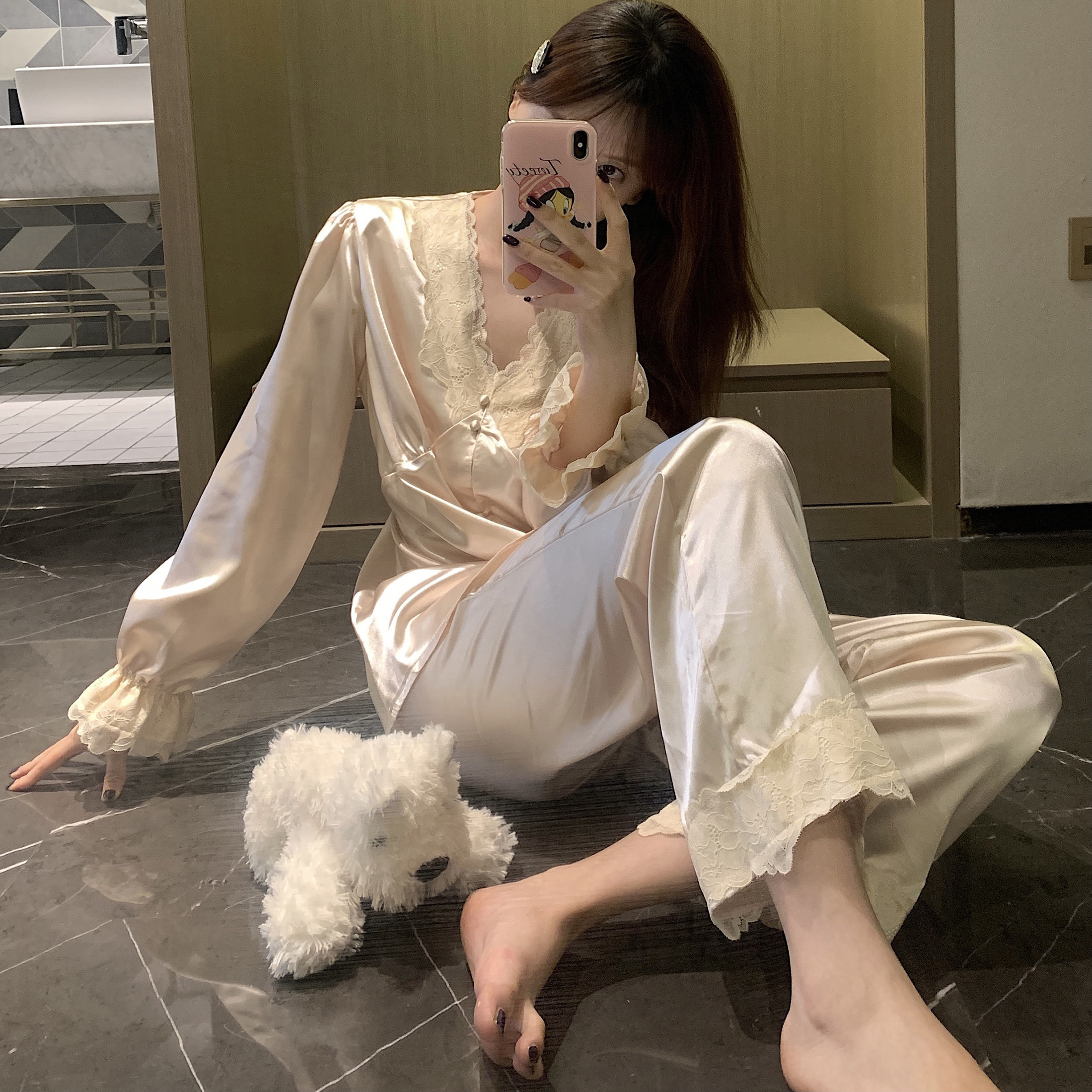 LULU CARTER 2025新款真丝睡衣女春秋款高级感蕾丝花边长袖家居服