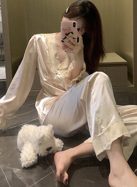 LULU CARTER 2025新款真丝睡衣女春秋款高级感蕾丝花边长袖家居服