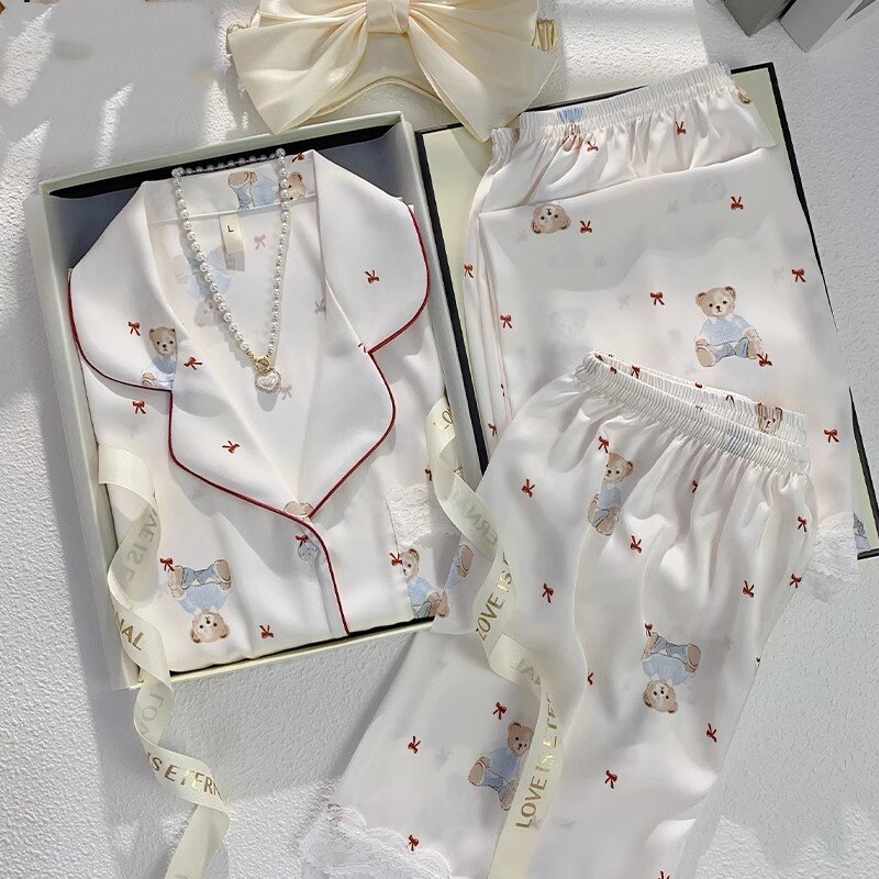 夏季新款女真丝睡衣甜美小熊少女风高级感送闺蜜女友家居服礼盒装