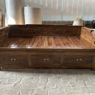 推拉罗汉床实木新中式抽拉床老榆木多功能床定制伸缩沙发床