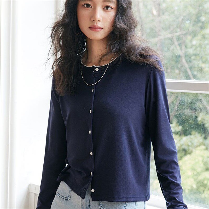 天丝修身拼接百搭显瘦秋冬女针织开衫假两件韩版圆领宽松休闲上衣