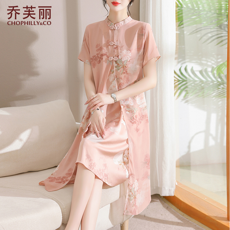 妈妈夏装新中式国风改良旗袍连衣裙中老年女夏季洋气短袖雪纺裙子