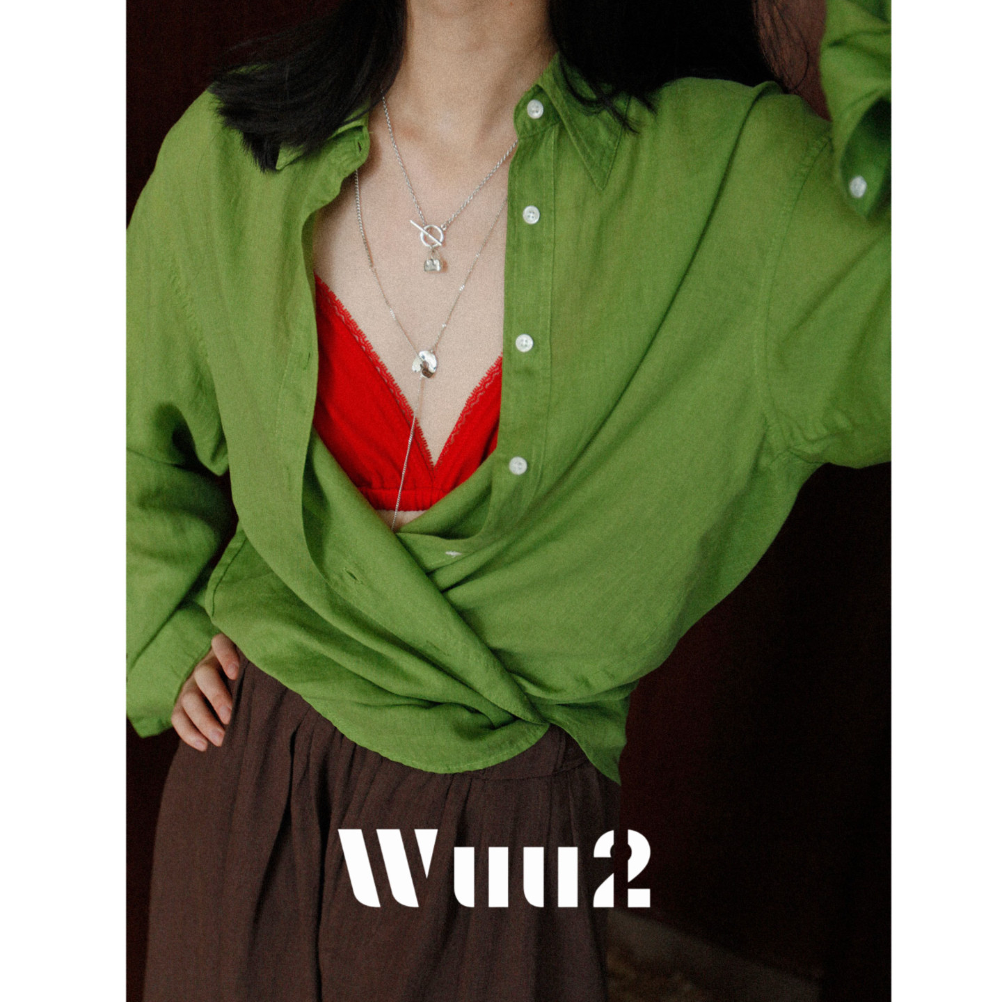 Wuu2 奥维尔麦绿 复古绿色天丝苎麻衬衫女宽松vintage上衣夏薄款