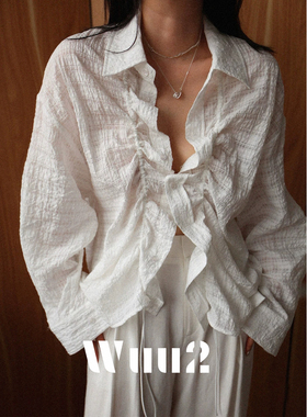 Wuu2 慵懒周末 特殊肌理编织格纹抽绳白衬衫女小众设计感休闲外套