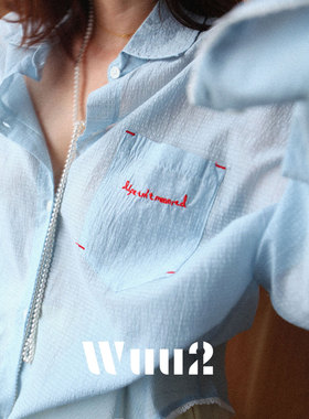 Wuu2 未说尽的心动 肌理刺绣拼蕾丝边蓝色衬衫女宽松休闲慵懒风