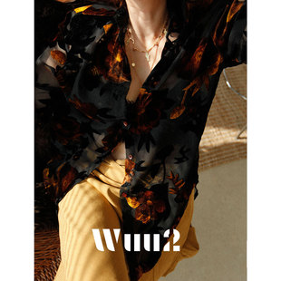 Wuu2 苦橙花时 复古立体烧花丝绒衬衫女巨好看设计感宽松植绒上衣