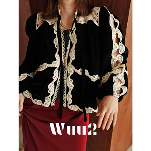 Wuu2 贝尔格莱德 重工复古宫廷蕾丝镂空丝绒黑色衬衫女千金风上衣