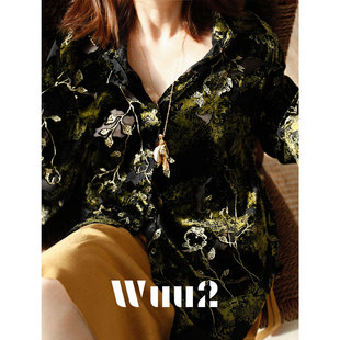 Wuu2 迷金圣徒 复古洒金植绒花朵衬衫女长袖小众高级轻奢丝绒上衣