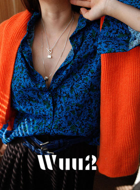 Wuu2 涉过深海而来 复古蓝色印花衬衫女独特超好看绝美上衣不撞款