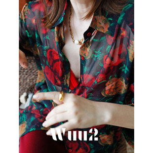 Wuu2 苏里南玫瑰 复古轻薄微透花衬衫女宽松小众设计感绝美上衣夏