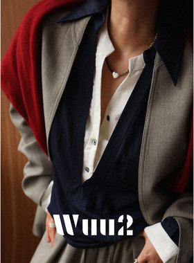 Wuu2 古斯塔贵族 轻奢假两件拼藏蓝色衬衫女设计感宽松高级感上衣