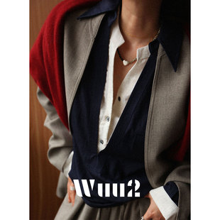 Wuu2 古斯塔贵族 轻奢假两件拼藏蓝色衬衫女设计感宽松高级感上衣