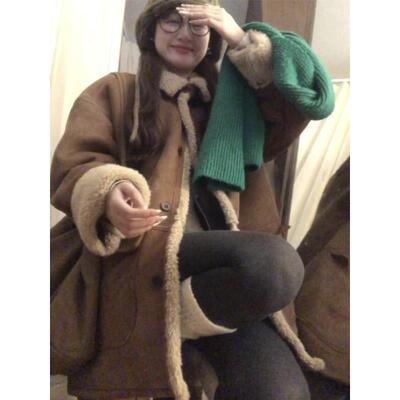 5202冬季新款加厚加小QDU个宽松独特超好看皮子毛一体羊绒羔毛外