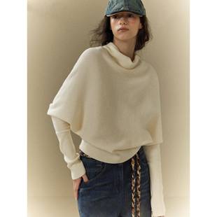 艺式色蝙白蝠袖堆堆UHG领毛衣女秋冬季设计感术收腰法显瘦套头针