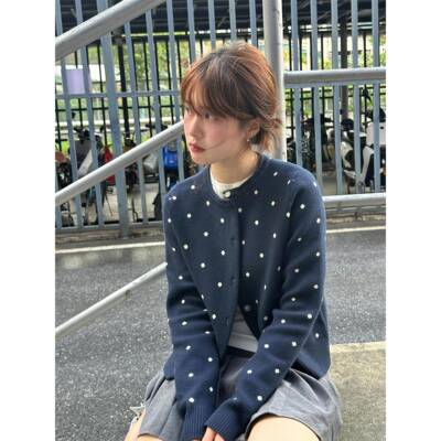 衣SLAE OD藏青色M新款覆古波点满印毛针织开衫女外套百GAM搭显瘦