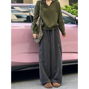 灰色直筒加绒大毛呢裤码女装秋BL-66920胖妹妹宽松冬显瘦腿弯刀休