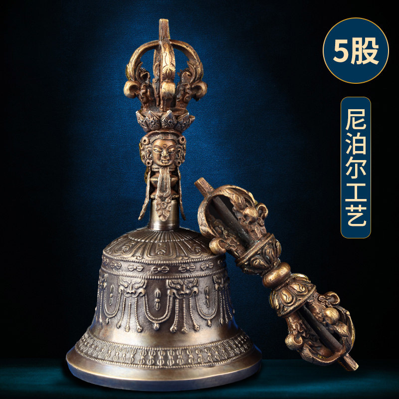 西藏密宗品尼泊尔手工纯铜五股金刚铃杵音质清脆铃铛特大号高21cm