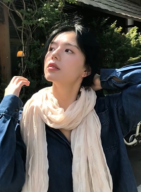 白色丝巾女高级感县城文学复古棉麻围巾褶皱丝巾系脖披肩文艺纱巾