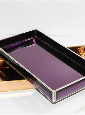 欧式金属玻璃托盘摆件黑色银灰色餐厅陈设茶盘软装家居装饰品