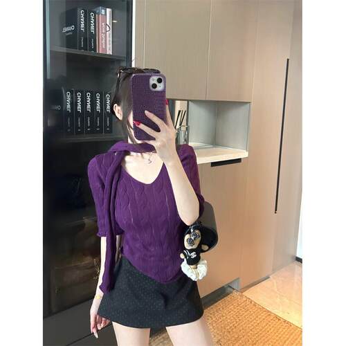 kumikumi韩系V领卷边麻花中袖针织衫女装2026年秋季百搭显瘦上衣