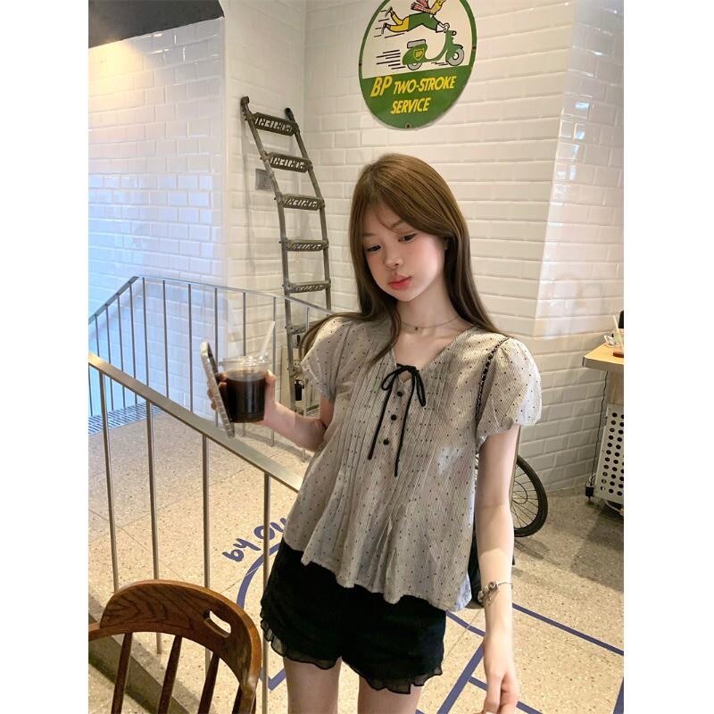 kumikumi甜美风蝴蝶结绑带V领短袖衬衫女装夏季气质减龄显瘦上衣图片
