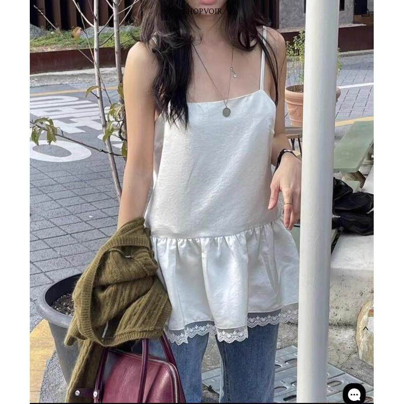 法式惊艳蕾丝边下摆吊带背心女蓬蓬荷叶边无袖T恤叠穿中长款上衣