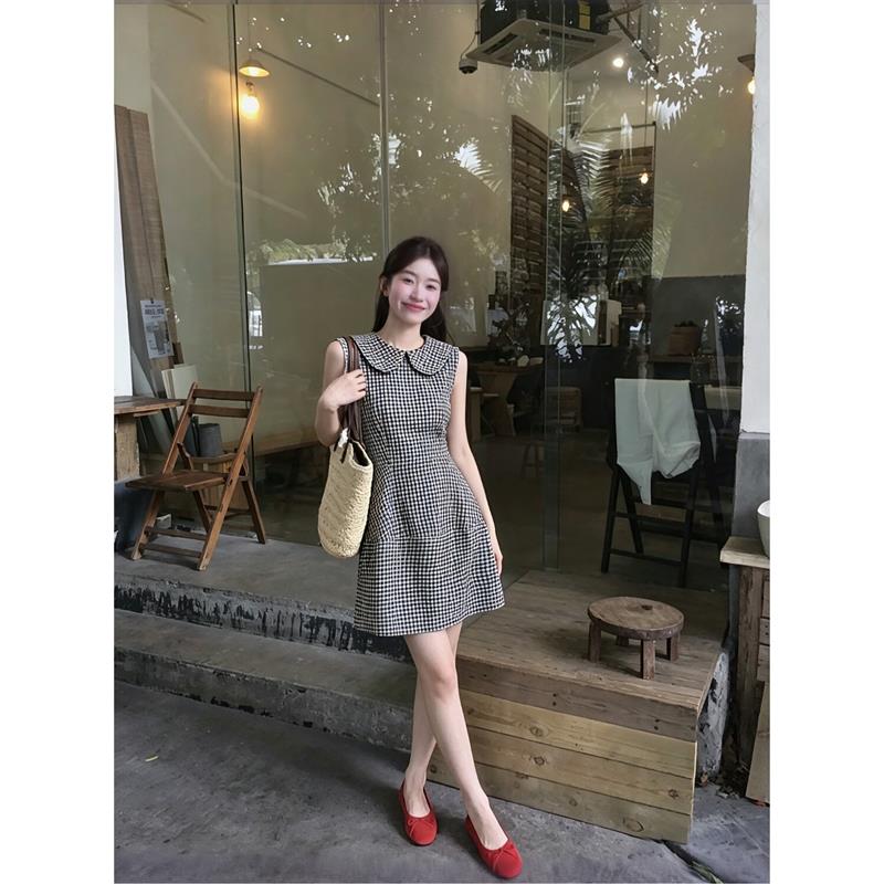 kumikumi甜美风格子娃娃领背心连衣裙女夏季新款减龄宽松无袖短裙图片