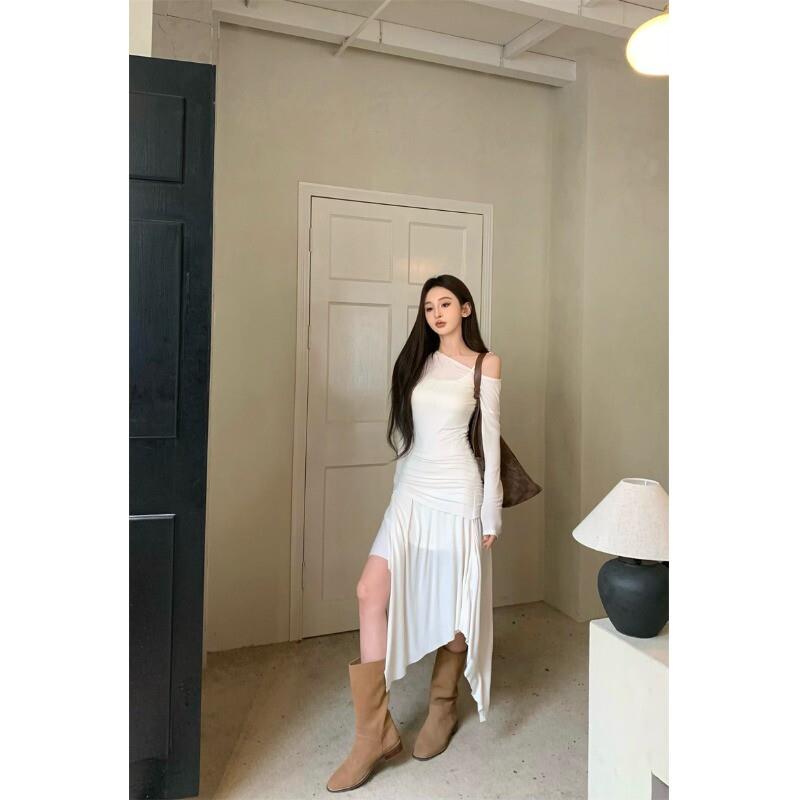 kumikumi甜辣妹气质不规则收腰露肩连衣裙女春季内搭吊带裙两件套图片