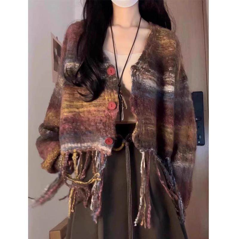 设计感彩色条纹v领流苏针织开衫女春秋宽松慵懒毛衣外套独特上衣,女装/女士精品,毛针织衫,淘宝优惠券,粉丝福利购,淘宝优惠卷