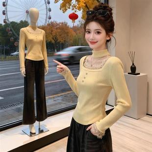 柠檬黄方领挂脖蕾丝边针织衫女秋冬配大衣内搭打底衫别致漂亮上衣