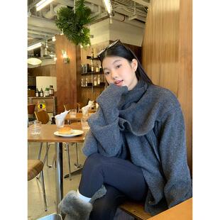 红人馆毛衣外套女秋冬慵懒风灰色气质女装上衣设计感斗篷针织开衫