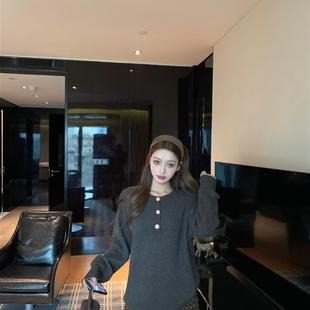 kumikumi慵懒风宽松长袖针织上衣女秋冬精致优雅粗花呢短裙两件套