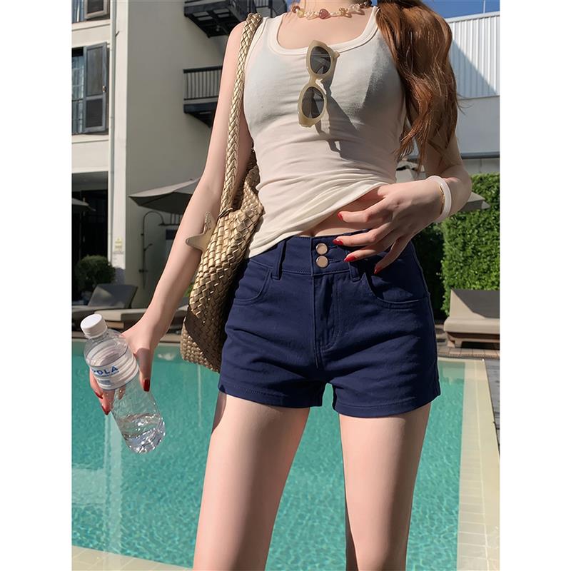 kumikumi自制两粒扣高腰牛仔裤短裤女夏季复古修身百搭直筒裤热裤图片